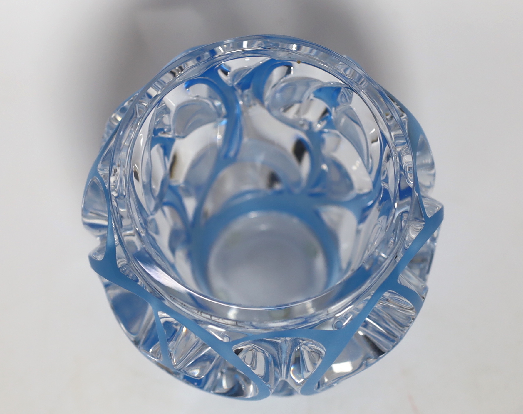 A modern Lalique Tourbillons blue overlaid glass vase with box, signed to the base, 13cm high